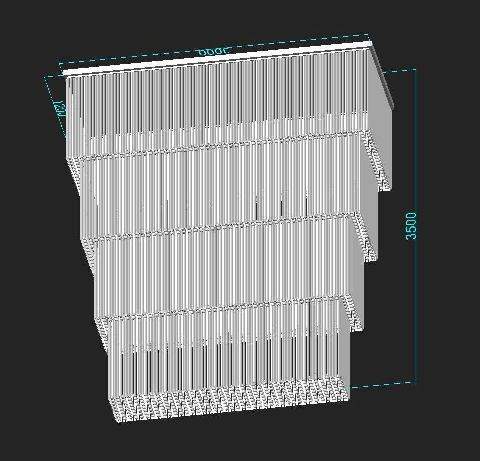 Đèn chùm pha lê thả thông minh PL024 gồm 5 tầng thanh tam giác trắng , hạt pha lê D40  mắt COB dimer 3 màu có điều khiển xa, mâm inox gương trắng hình chữ nhật, KT(mm): 3000 x 1200 x 4300